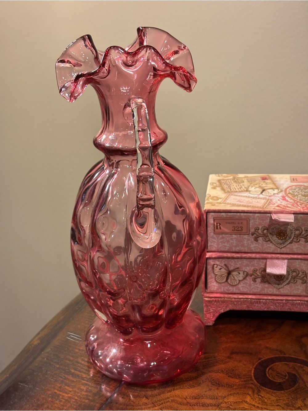 Cranberry Glass Diamond Optic Melon Ribbed Pitcher - Picture 5 of 7